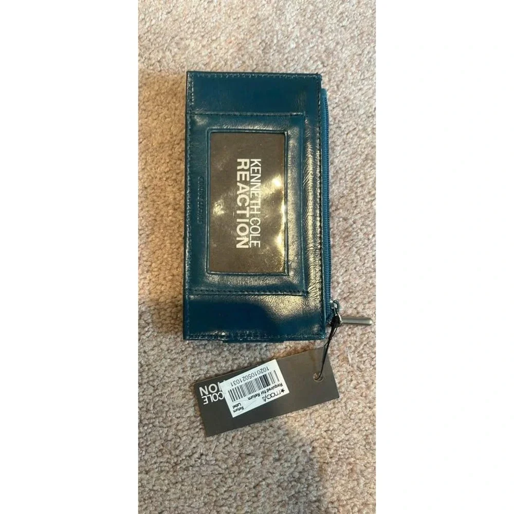 Kenneth Cole Reaction Teal Leather Card Case Wallet ID Window Zipper Pocket NEW